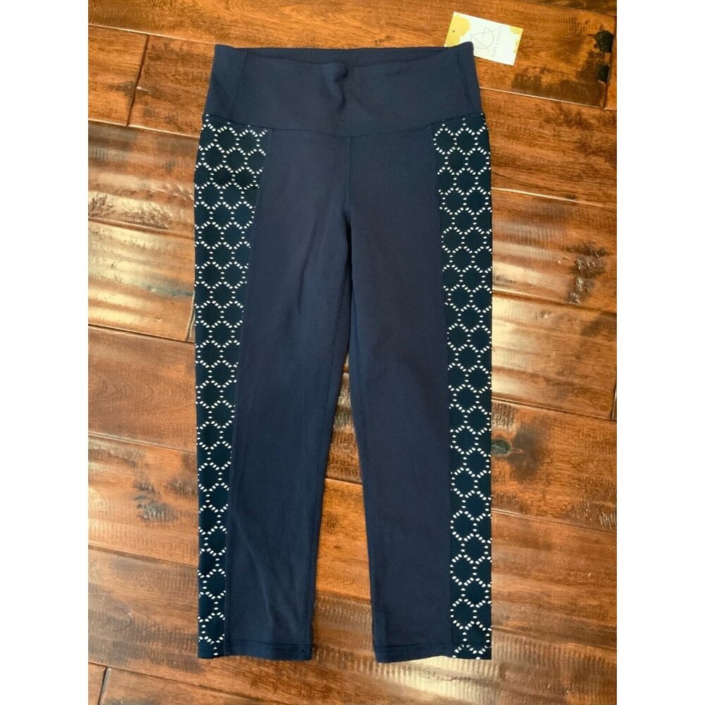 Athleta Navy Blue Cropped Athletic Leggings W/ White Geometric Cutout, Size S